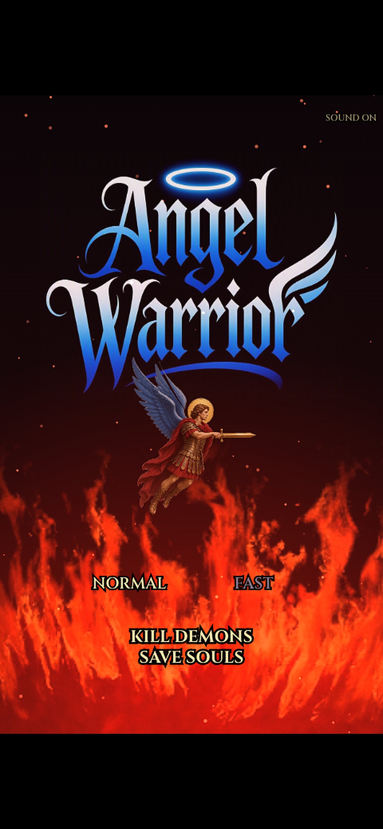 Title screen with the Angel Warrior logo over flames