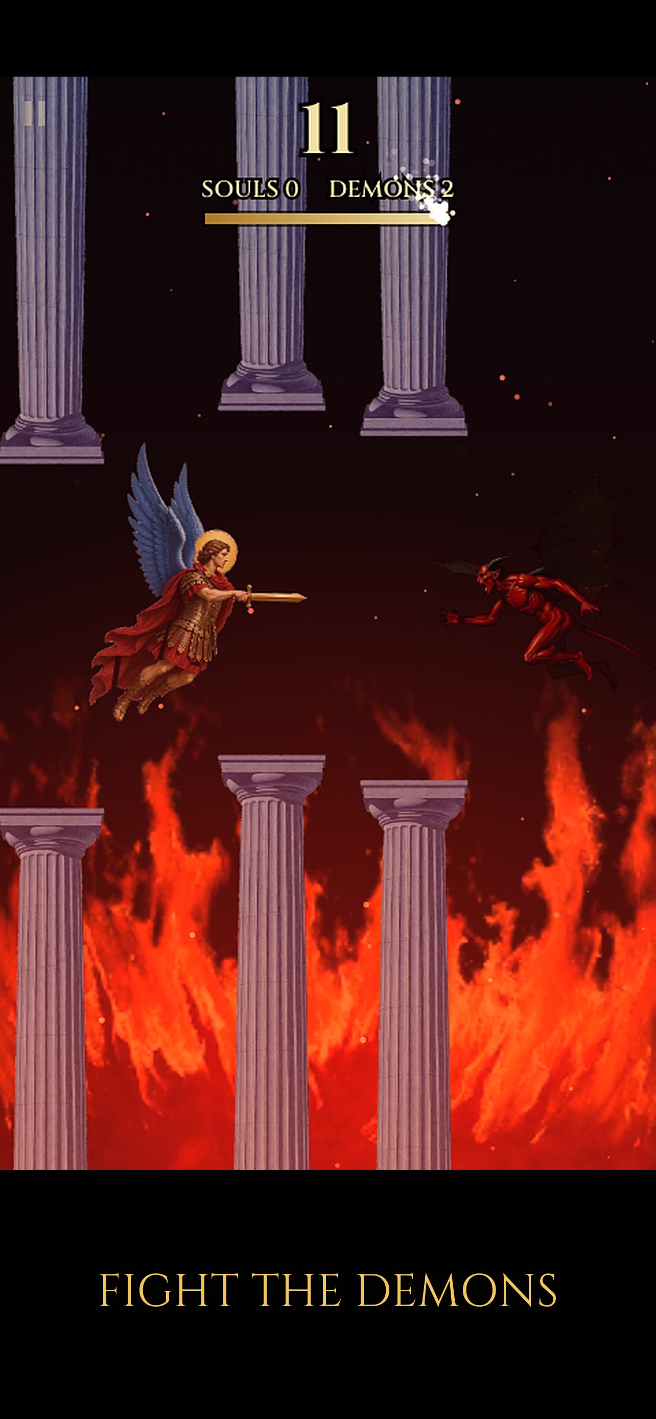 The angel fighting a demon between stone columns