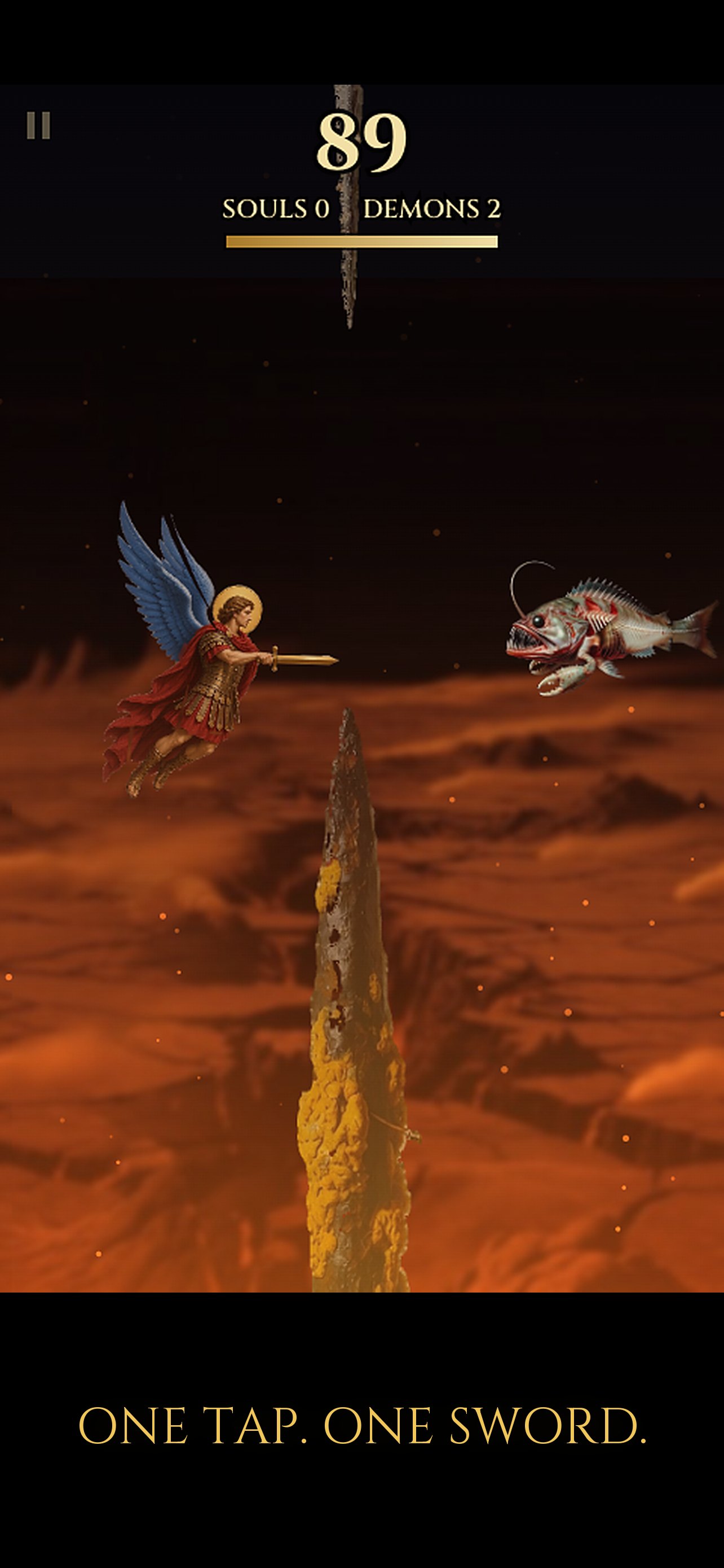 The angel facing a fish demon in the brimstone