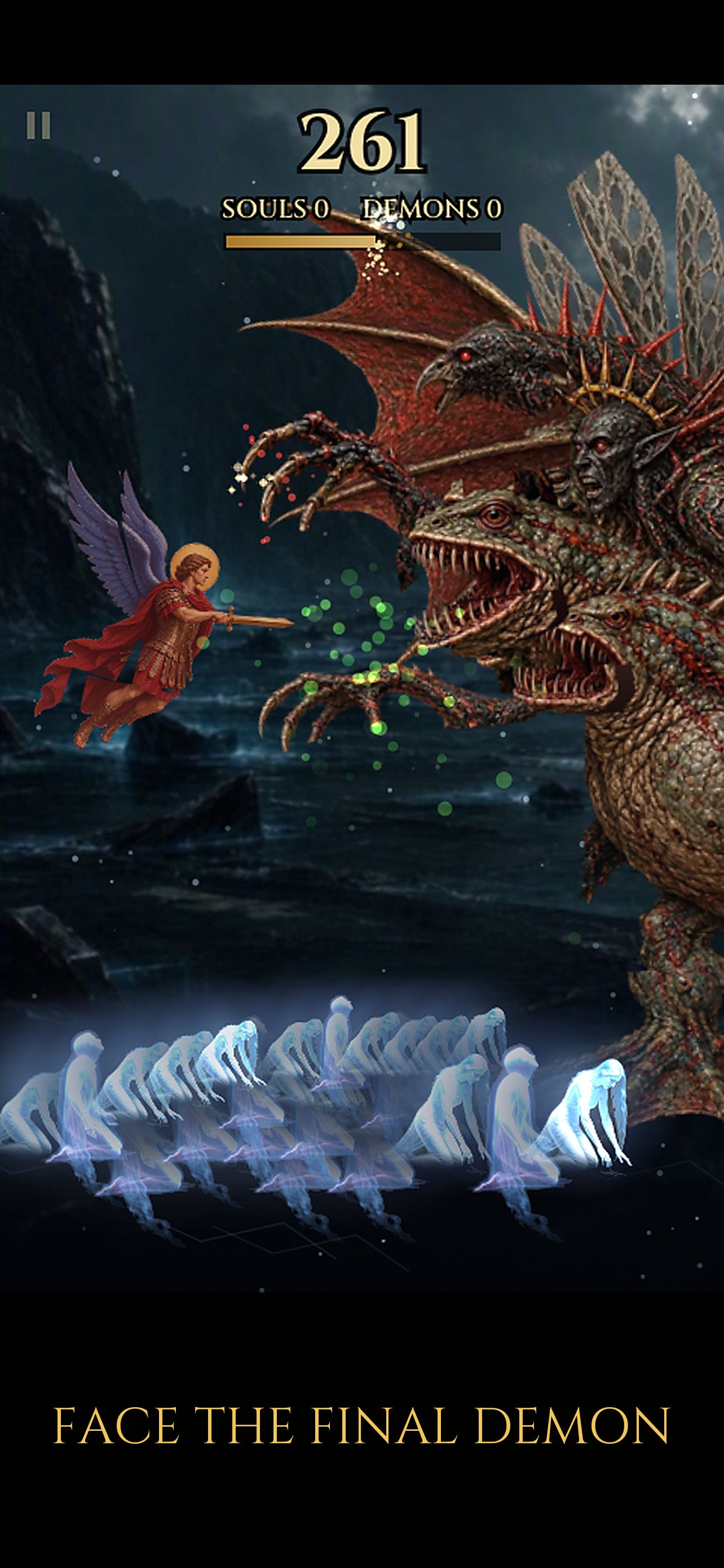 The angel striking the Final Demon above a row of souls